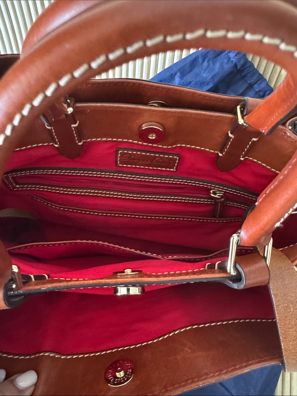 Dooney & Bourke Black Textured Satchel with Brown Leather Straps and Gold Logo - Picture 2 of 4